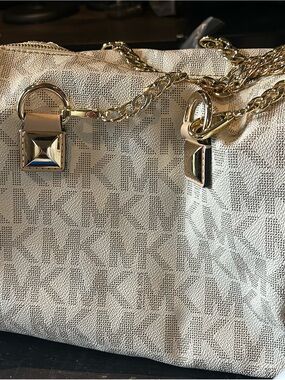 Michael Kors Cream Monogram Chain Shoulder Bag with Gold Hardware
